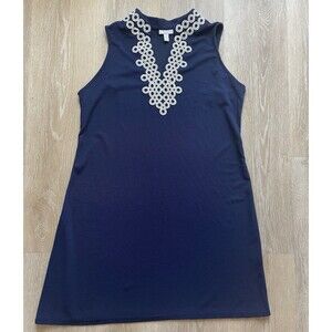 Charter Club 2X Navy Shift Dress Embroidered Neck Sleeveless Plus Size Classic